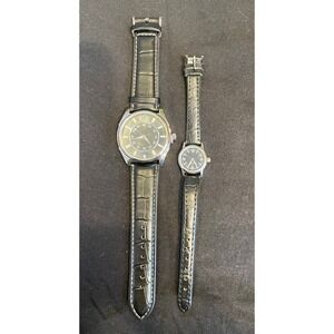 His Hers Matching Jeanswear Watch Set Black Leather Band Analog Quartz